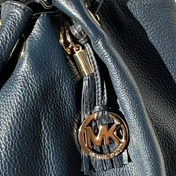 Michael Kors Navy Blue Leather Drawstring Ring Handles Satchel Shoulder Bag-Navy - Picture 6 of 15